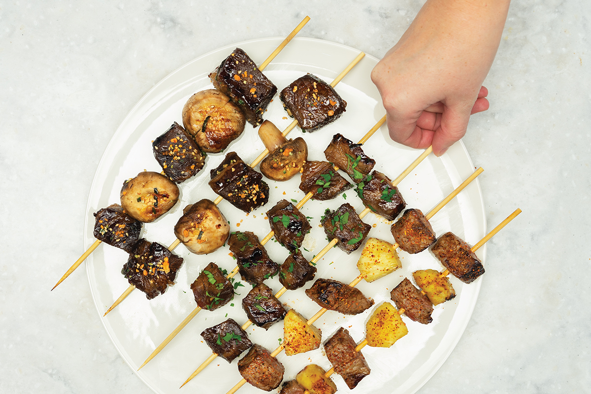 international flavors on beef skewers like furikake and sambal