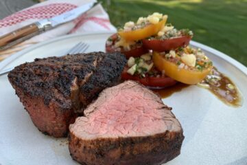 Ancho & Coffee Rubbed Tenderloin with Summer Tomatoes and Blue Cheese