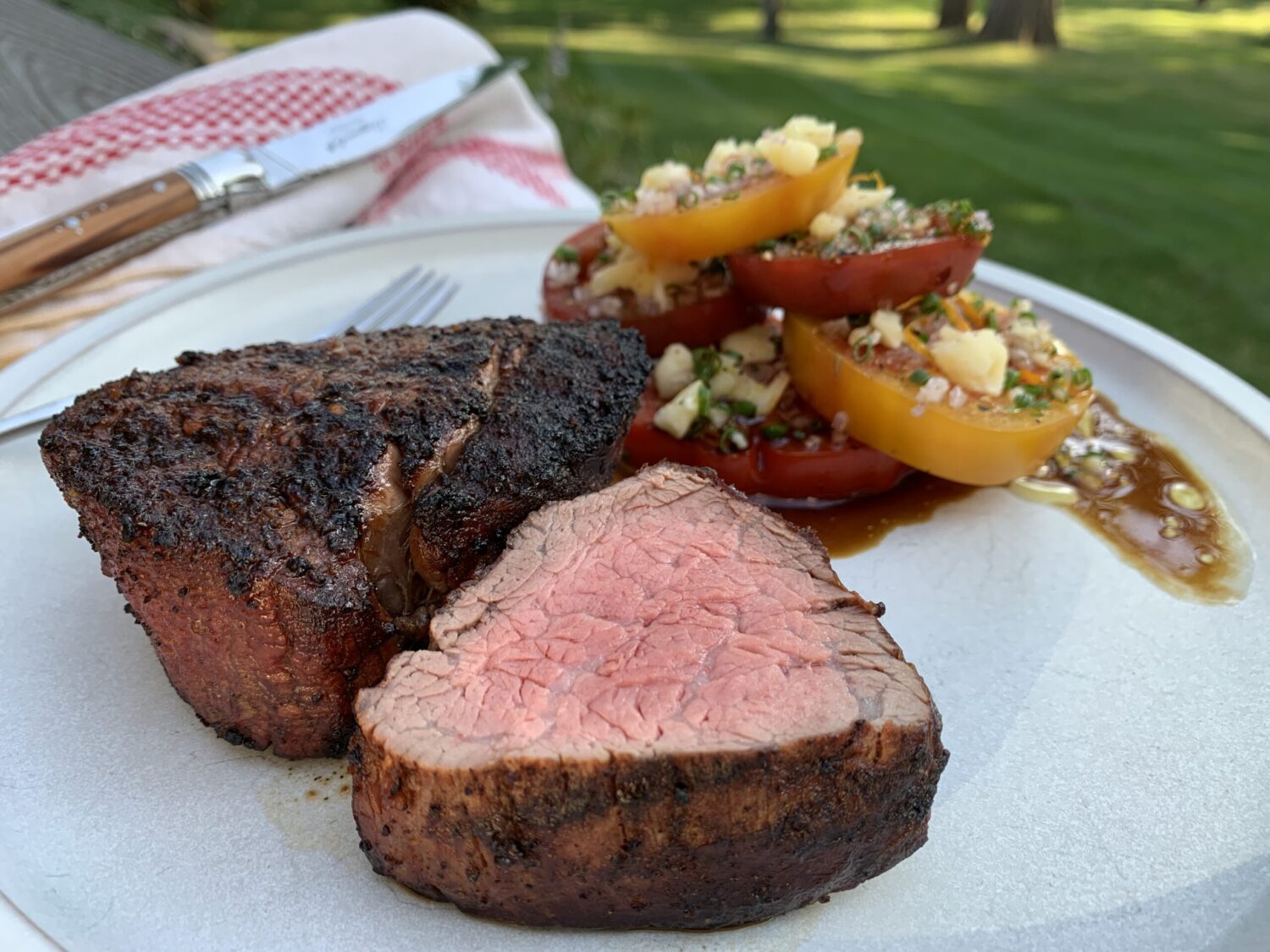 Ancho & Coffee Rubbed Tenderloin with Summer Tomatoes and Blue Cheese