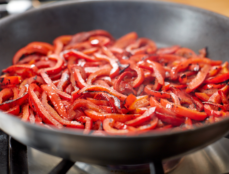 pan frying red peppers for cheesesteak recipe