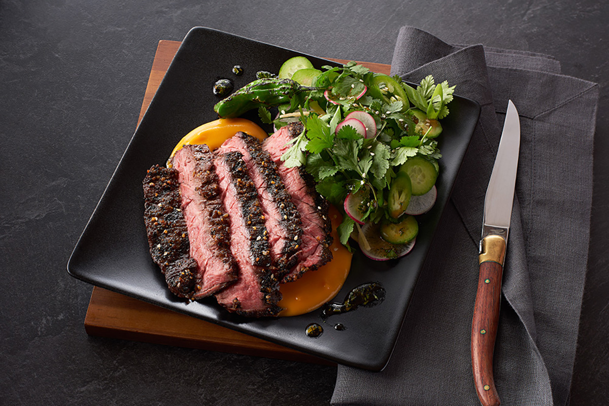 togarashi rubbed skirt steak with soy and cilantro herb salad recipe