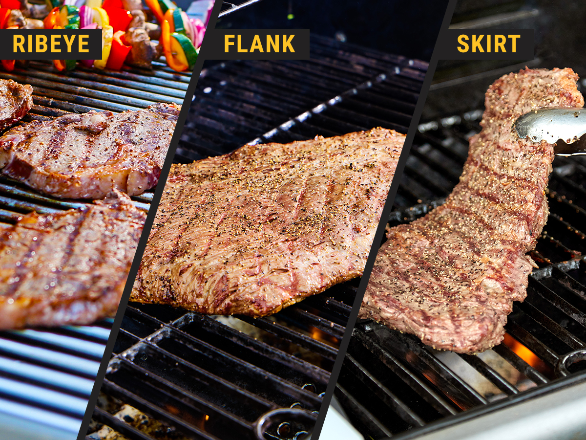 ribeye flank and skirt steak on the grill