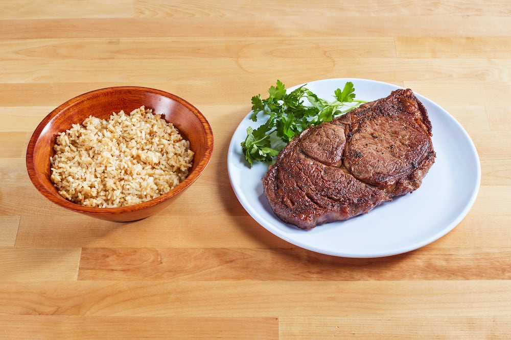 brown rice with black Angus steak
